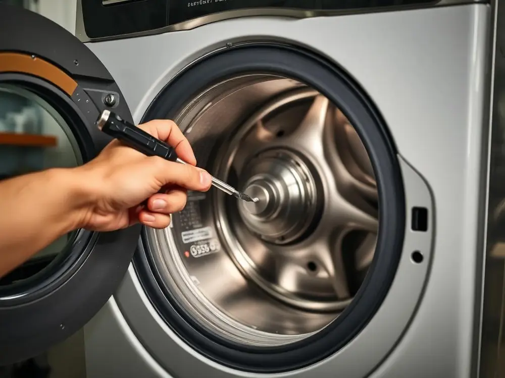 Drive motor and drum assembly behind a washing machine's rear panel